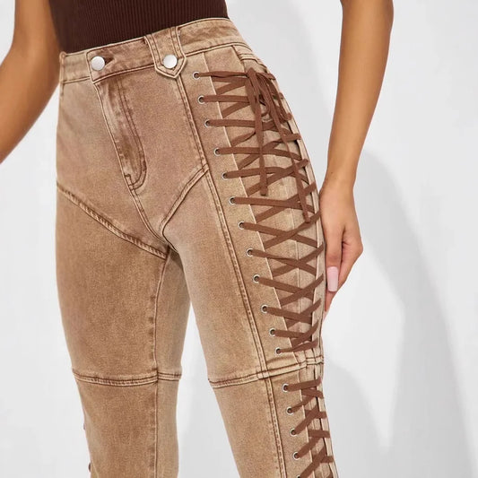 Spliced Draw String Denim Ankle Length Pants