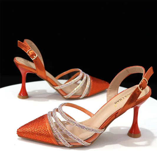 Newest INS Style Orange Color Elegant High Heels Nigeria Popular Design African Ladies Shoes And Bag Set