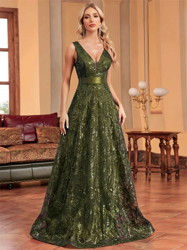 Vestidos de Noite Luxuosos e Sensuais com Lantejoulas Azuis e Decote V Profundo para Mulheres Elegantes com Costas em V Vestido Longo para Festa de Casamento Baile Coquetel