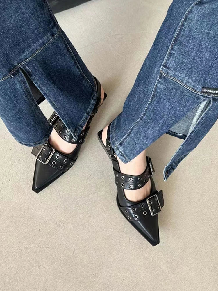 Sapatos Mary Jane Estilo Francês Bico Fino Retrô Salto Médio Grosso para Mulheres com Saias e Sapatos de Couro Pequenos