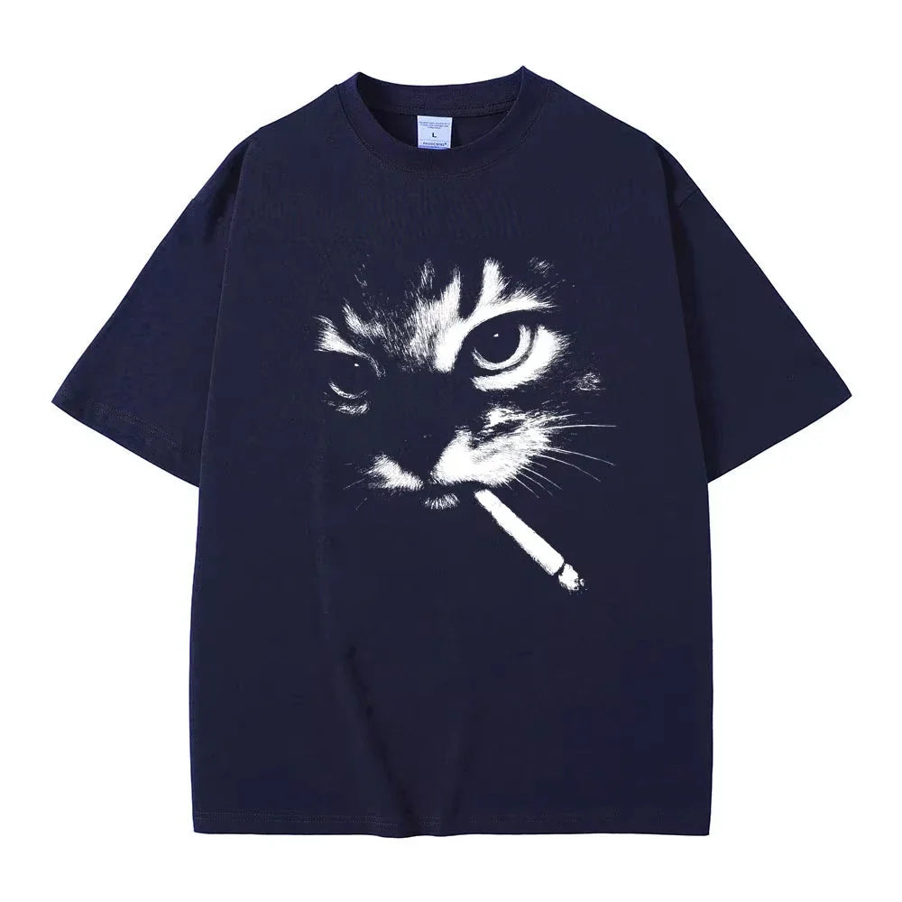 Funny Meme Smoking Cat Face Graphic T-shirts Men Women Casual Cotton Vintage T Shirts Men's Oversized T-shirts Cats Lovers Gifts