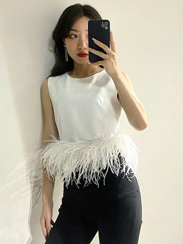 Black Patchwork Feathers Korean Fashion Shirt Top Women Round Neck Sleeveless Slim Tops Female 2021 Summer Clothing