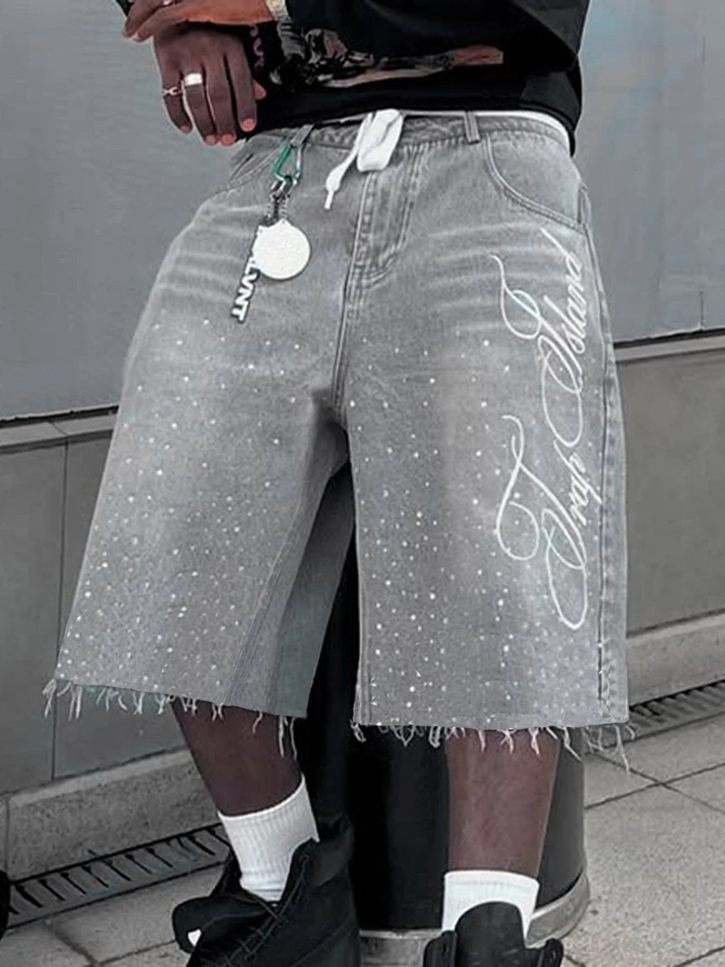 Men s Stylish Knee-Length Denim Shorts with Embroidered Logo and Rhinestone Detailing for Summer Casual Wear