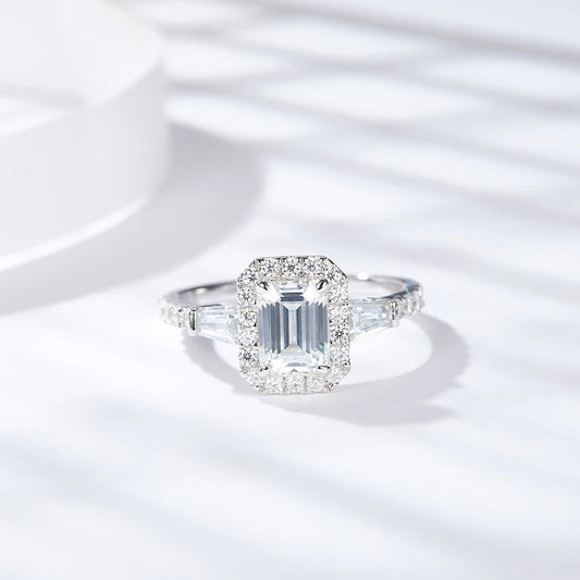 D Color Full Moissanite Ring For Women 5x7mm Emerald Cut Sparkling Rings S925 Silver Wedding Party Luxury Band Jewelry