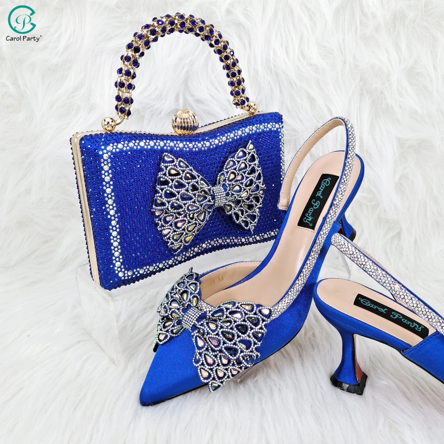 Butterfly-knot Princess Style! Nigerian Ladies Rhinestone-Encrusted Bag & Wear-Resistant and Comfortable Pointed-Toe High Heel