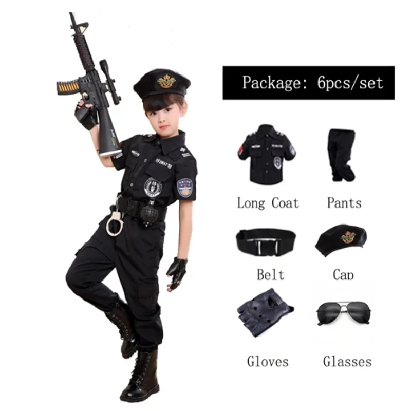 Children Halloween Policeman Cosplay Costumes Kids Carnival Police Uniform 110-160cm Boys Army Policemen Soldier 7 Pcs/Sets