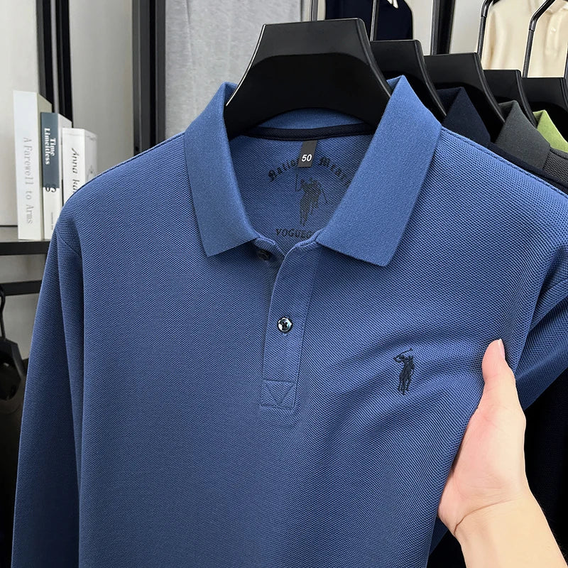 2025 New Cotton Long Sleeved T-shirt for Men, High End Embroidered Little Horse Logo Fashion Autumn/Winter Polo Top