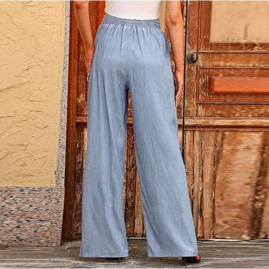Women summer loose straight jeans drawstring pocket Sweatpants