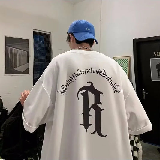 M-8XL Men Oversized Fashion Loose American Vintage Deformed Letter R Print Short Sleeve Round Neck Versatile Trend Couple Outfit