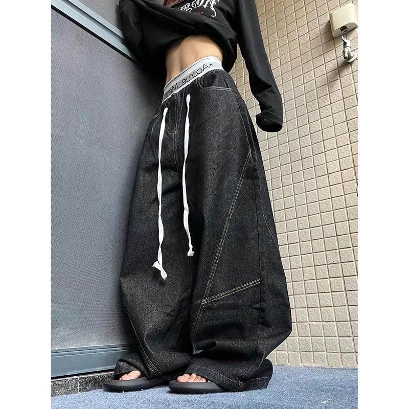 Calça Emo de Perna Larga Y2K Estilo Vintage Lavada