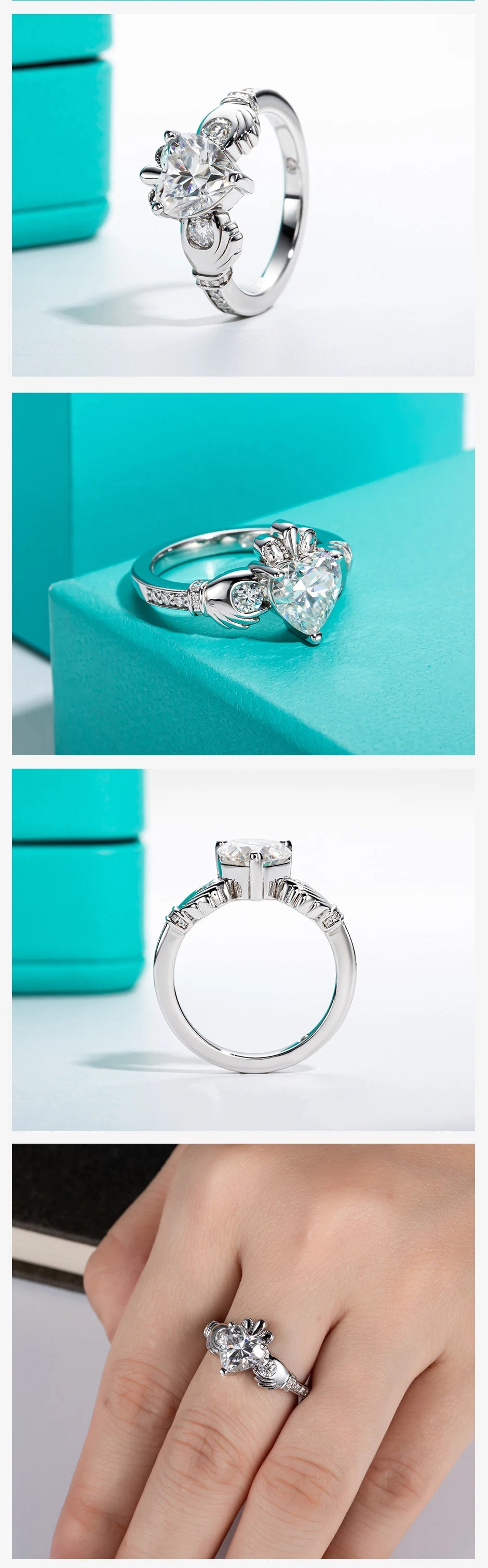 2ct Heart Shape Moissanite Claddagh Irish Rings Celtic Knot Crown 925 Sterling Silver Engagement Rings For Woman
