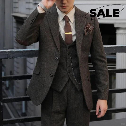 Peaky Blinders Men's 3-Piece Suit Vintage Plaid Wool Autumn/Winter Heavyweight New Style Jacket+Vest+Pants Slim Fit Formal Suit