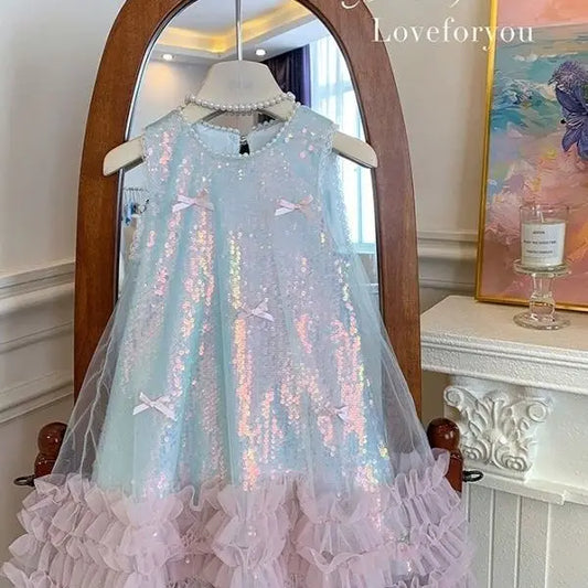 Girls Skirt 2025 Summer New Childrens Clothing Korean Style Girls Baby Bow Glittering Princess Skirt Casual Simple Daily