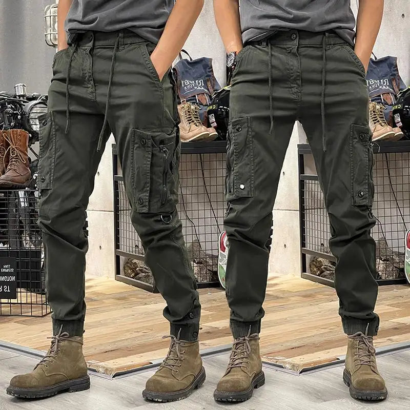 Fashionable men's slim fit work pants, casual loose zipper, multi pocket jogging pants, elastic leg binding pants