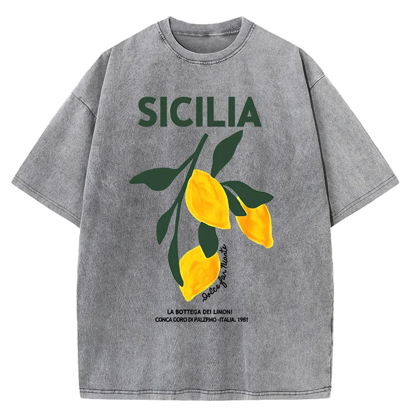 Lemon Fruit Design Women Washed T-Shirts Y2K Casual T Shirt Summer Hip Hop Top Cotton Loose Short Sleeve
