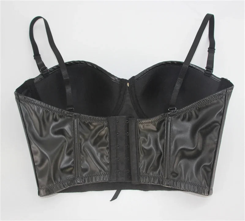Women Corset Crop Top Gothic Black Leopard Faux Leather Push Up Overbust Corset Bustier Bra with Straps Fashion Streetwear