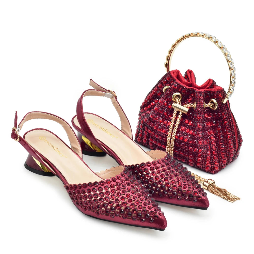 Fashion Italian Shoes with Matching Bags Set with Rhinestone African Shoes for Women Mid Heels Party Pumps Plus Size Heels 43