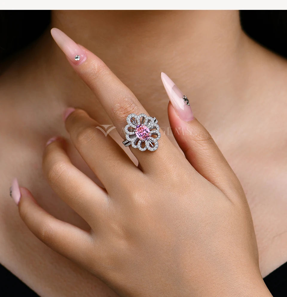 Luxury D VVS1 Moissanite Rings for Women Created Pink Zircon S925 Sterling Silver Flower shape Engagement Wedding Gift