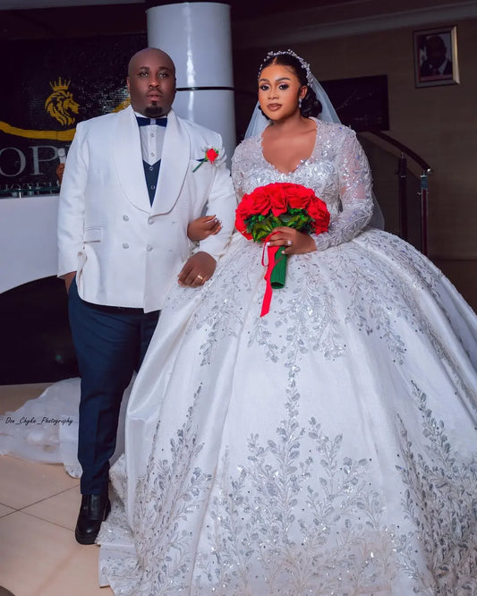 Customized Luxury Plus Size Ball Gowns Lace Sequined Wedding Dress Long Sleeve Bridal Dress Beaded vestidos de novia