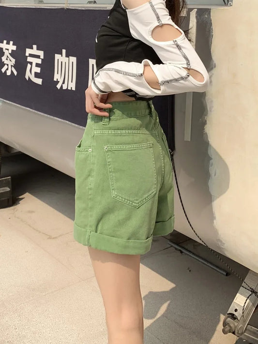 Green Shorts Feminina Summer Casual Loose Vintage Jeans Shorts Women Streetwear High Waisted Wide Leg Denim Shorts