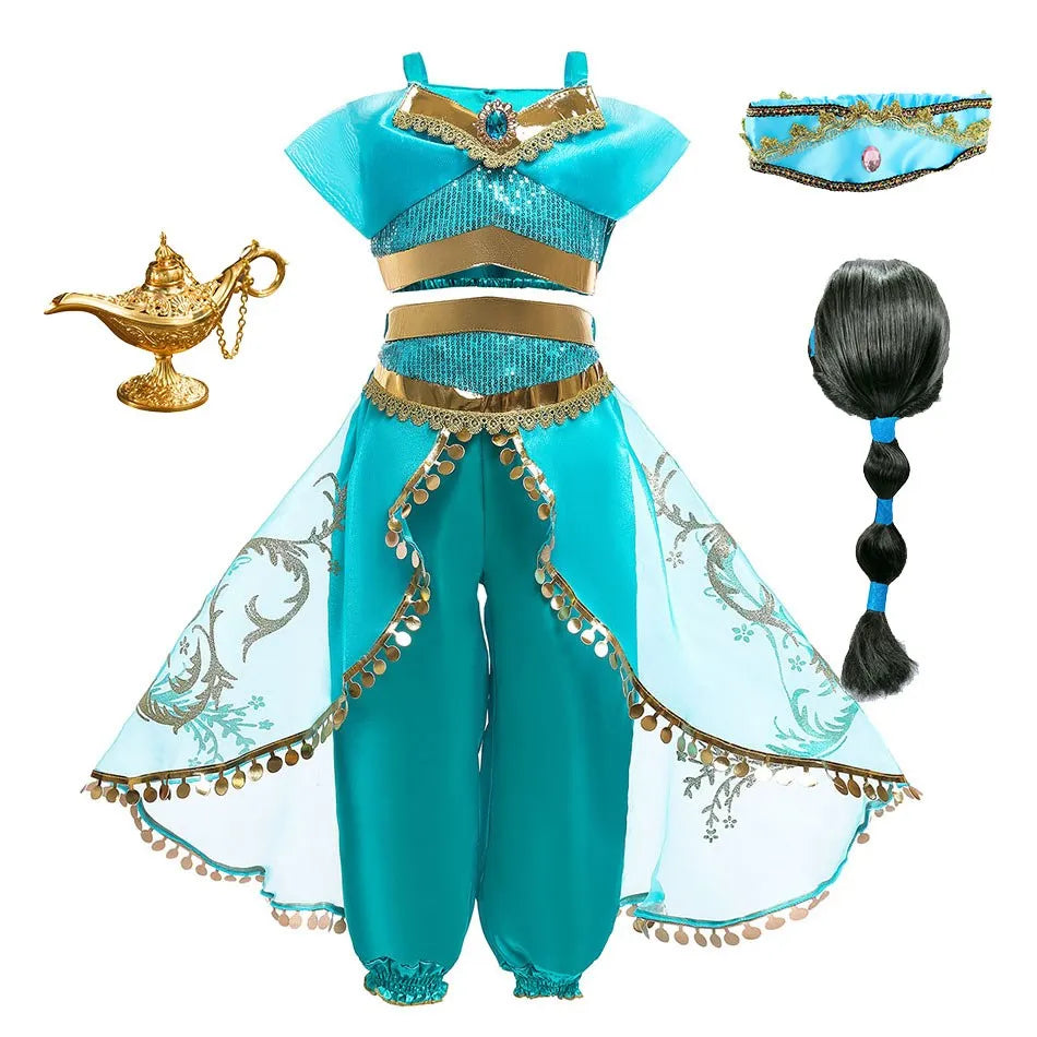 Children Aladdin Lamp Dress Kids Jasmine Costume Girls Birthday Princess Cosplay Shoulderless Outfit Carnival Clothes 3-10T