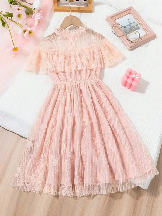 Korean fashion lace, solid color princess dress, slightly elastic, children's slim fit, popular style