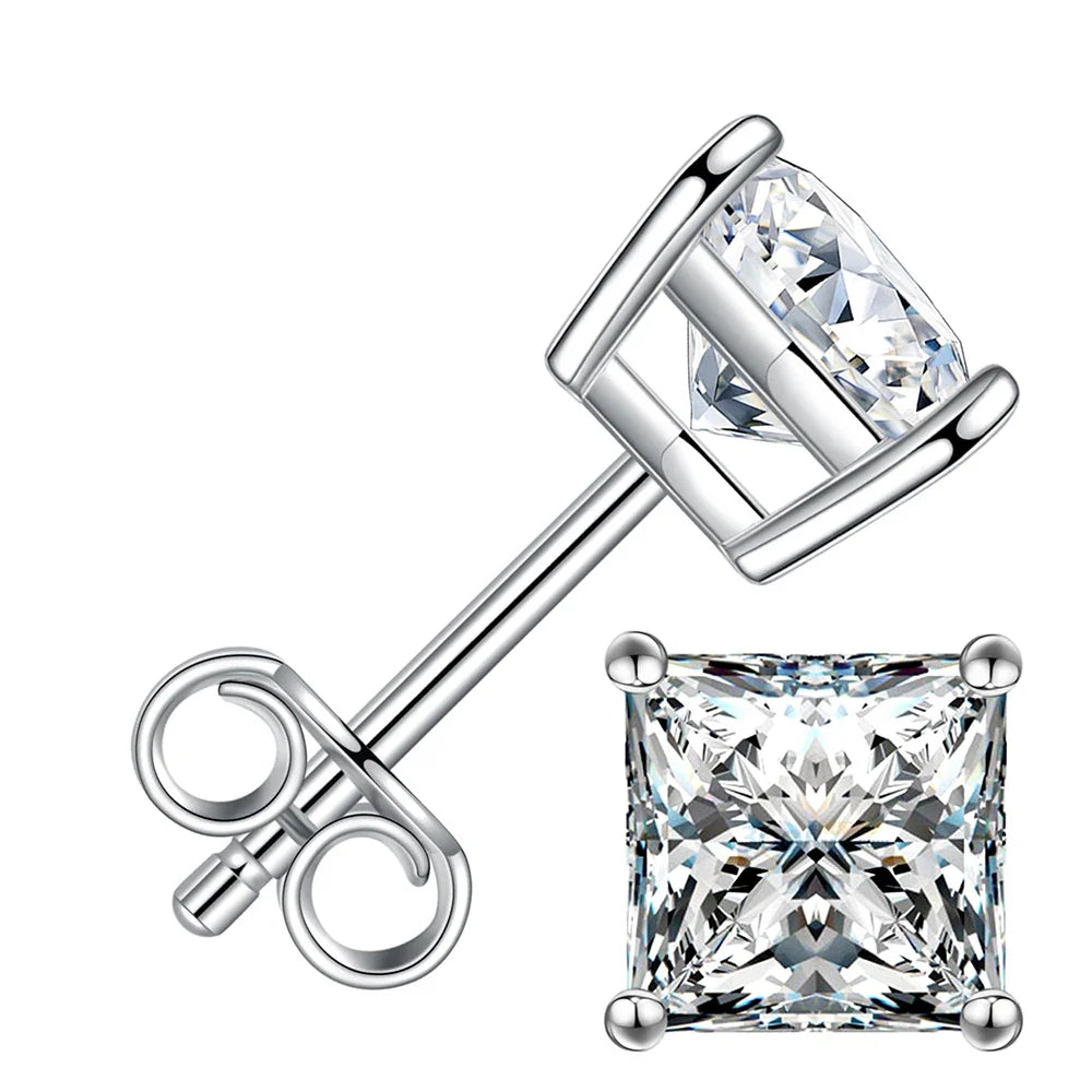 1/2/3/4carat Princess Cut Moissanite Stud Earrings Screw Back 925 Sterling Silver Square Diamond Stud Earring for Women Men Gift