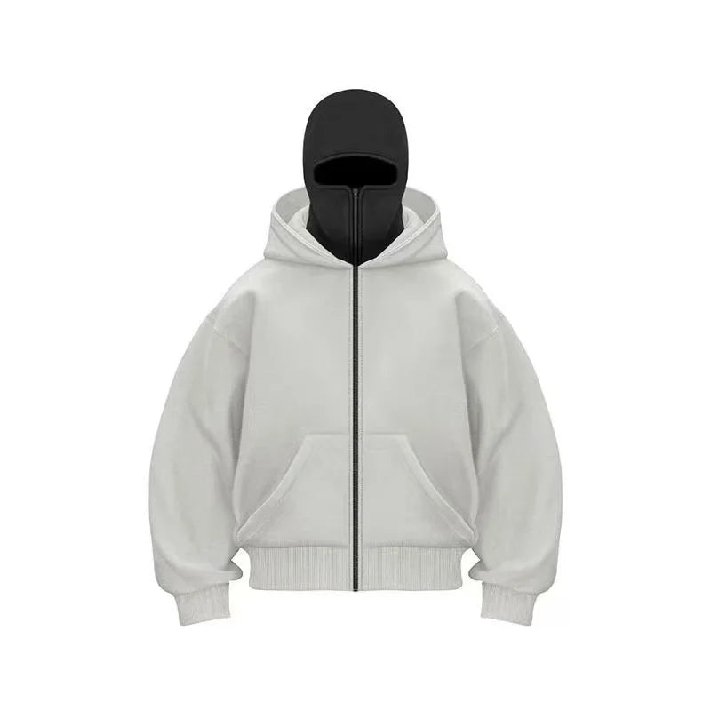 Moletom Masculino com Zíper e Capuz Inverno Quente Casual Y2K com Máscara Facial Embutida Design com Zíper Jaqueta Esportiva Atividades ao Ar Livre