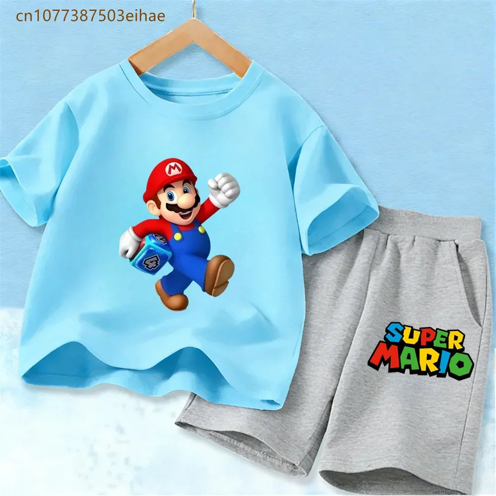 Kids Mario Graphic Short Sleeve T Shirt And Shorts Set Lightweight Summer Sport Costume Boys Girls Casual Home Outdoor Clothes