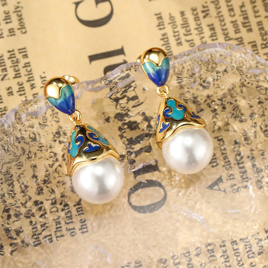 Jewelry Spring New Grid Enamel Earrings Simulated Pearl Dropping Oil Retro Style Earrings Women's Party Festival Gift