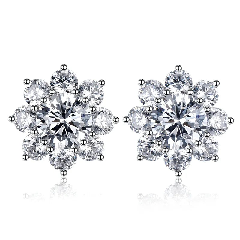 100% Real S925 Sterling Silver Floral Zircon Stud Earrings Women High Carbon Diamond Earring Ear Studs Fine Jewelry Gift