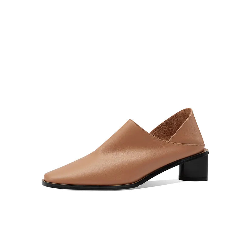 2025 Hot Sale slip-on Genuine Leather Women Pumps Square Toe Med Thick Heels Soft Upper Pumps Office Ladies Dress Shoes