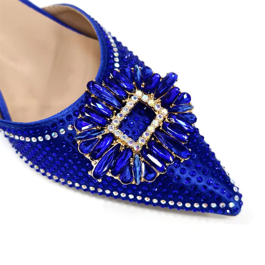 Blue Color Rhinestone Comfortable high heel shoe And Bag Fashion Style Pointed-Toe Shoes For Women Or Commuting Shoes