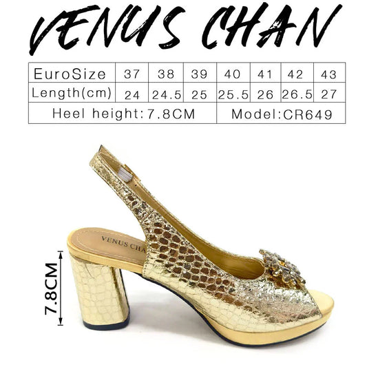 Gold Color Nigeria Fashion Rhinestone-encrusted Ladies Party Shoes And Special Bag High Heels Wedding Handbag