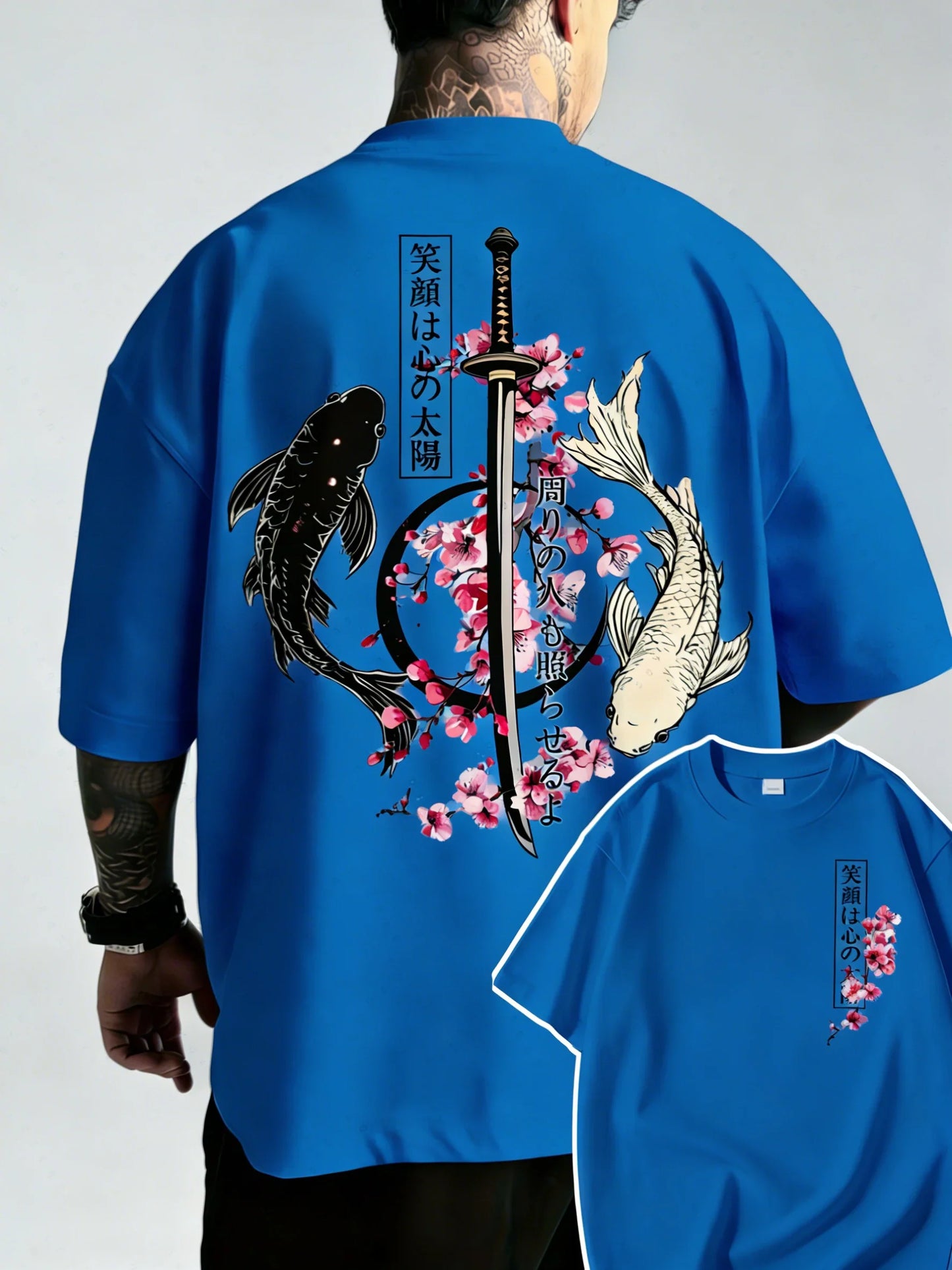 Summer Hot Japanese Yin Yang Koi Fish & Samurai Sword Pattern Cotton Men’s T-Shirt Short Sleeve Tees Casual Oversized Unisex Top