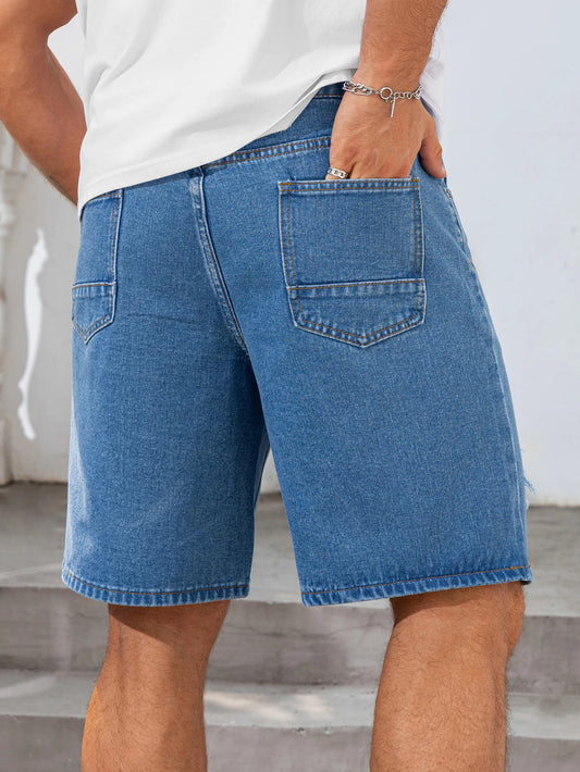 2026 Summer Men's Fashionable Blue Ripped Denim Shorts Loose Fit Non-stretch Fabric BlueWhite Simple Clean Cool Color Men Pants