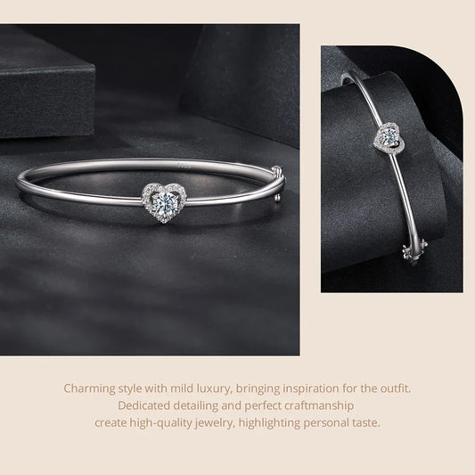 0.5CT Hollowed Heart Moissanite Bracelet Round Cut D Color Wrist Cuff Bangle 925 Sterling Silver for Women Wedding Gift