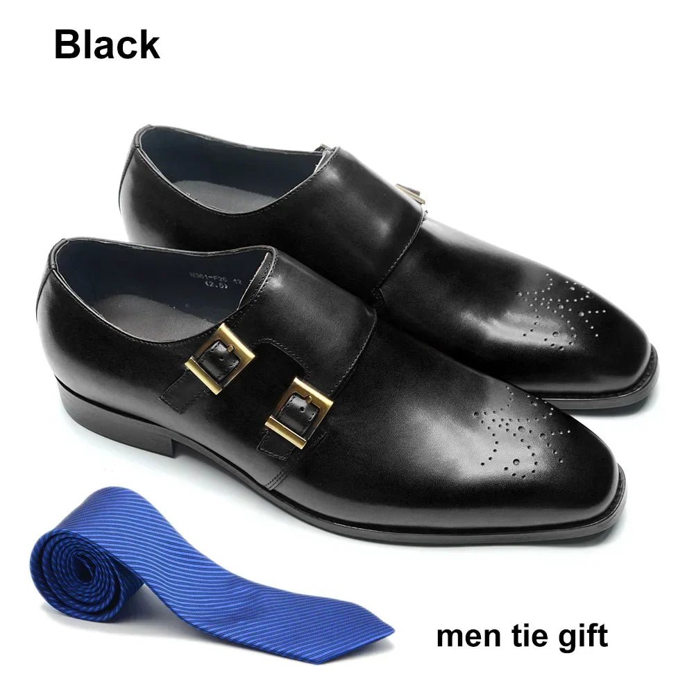 Italian Style Luxury Genuine Leather Monk Strap Men's Formal Shoes Double Buckles Brogue Pointy Toe Business Office Dress Shoes