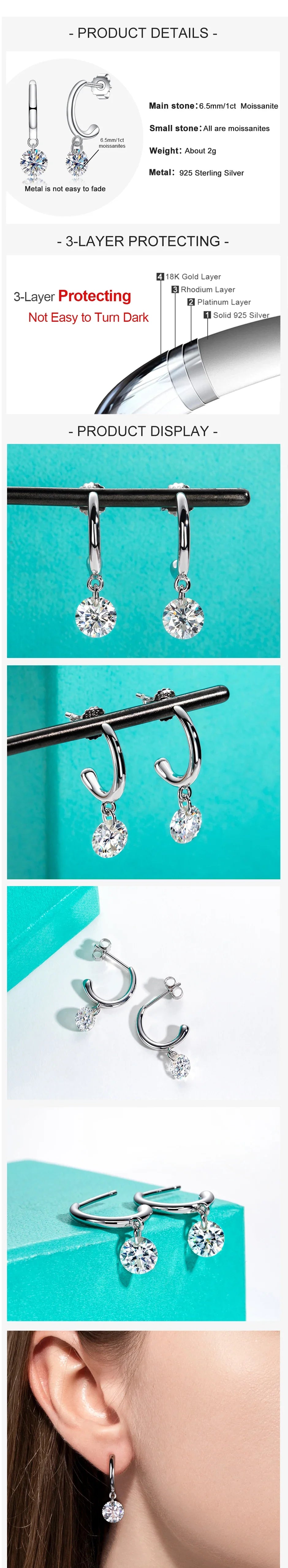 2cttw D Color Moissanite Drop Earrings 18K Gold Plated 925 Sterling Silver Classic Stud Earring Women Gifts Wholesale
