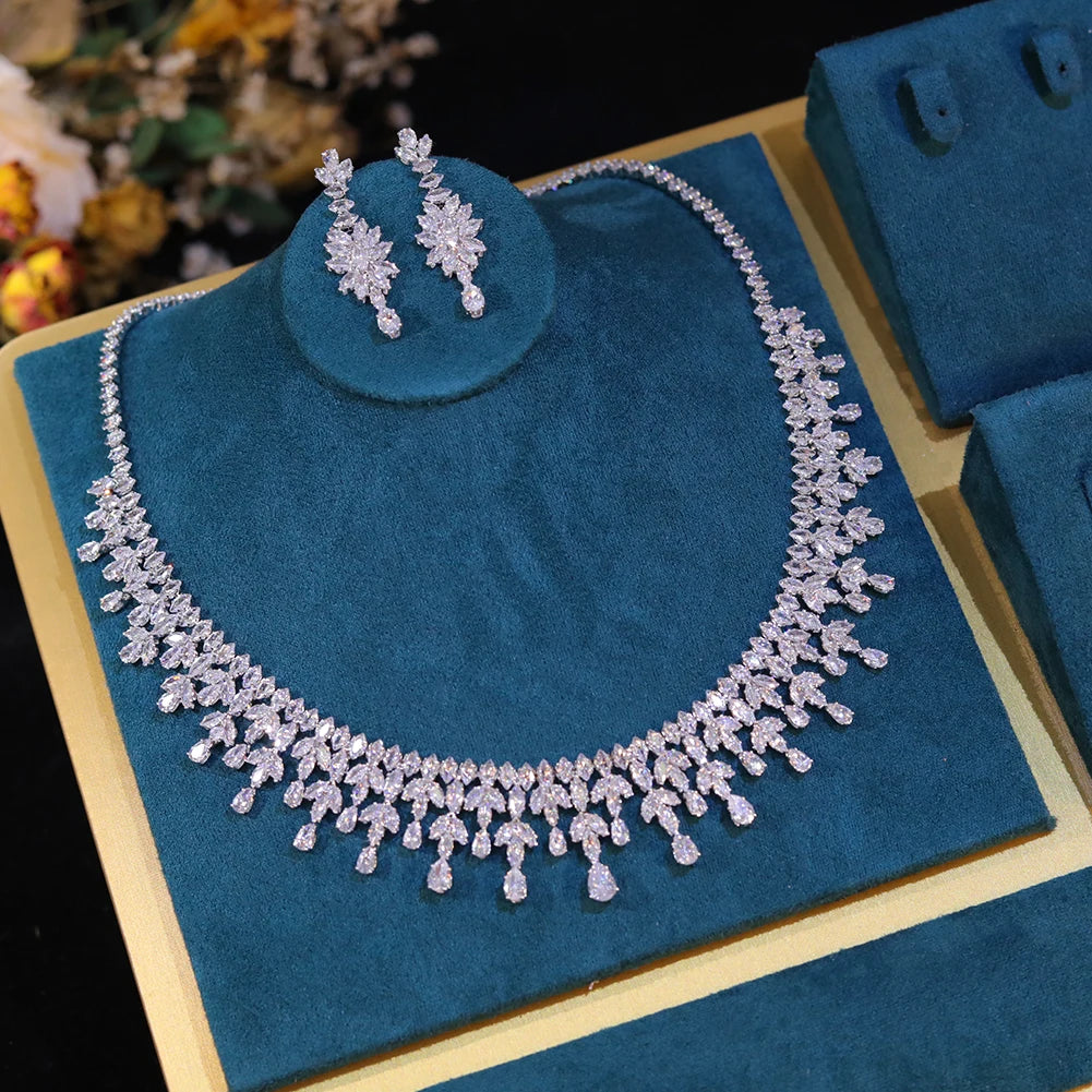 Dubai Jewelry Sets Leaf Design Bridal Necklace Earring Set 5A Cubic Zirconia Femme Ladies Wedding Accessories