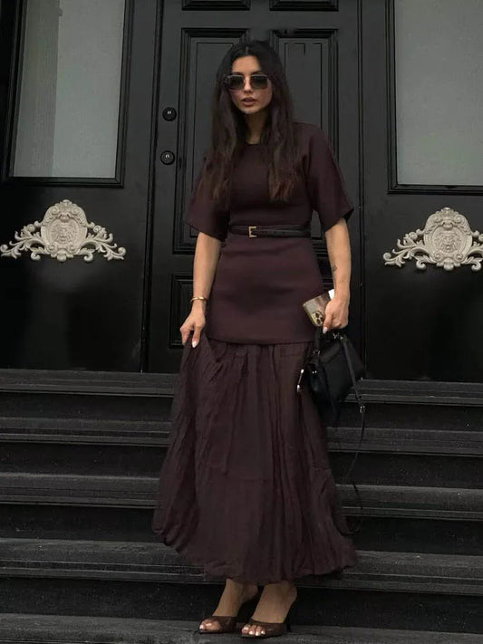 Women Elegant Half Sleeves O-Collar Pleated Dress Spring Woman Rear Zipper Splicing Vintage Casual Knitted Long Dress