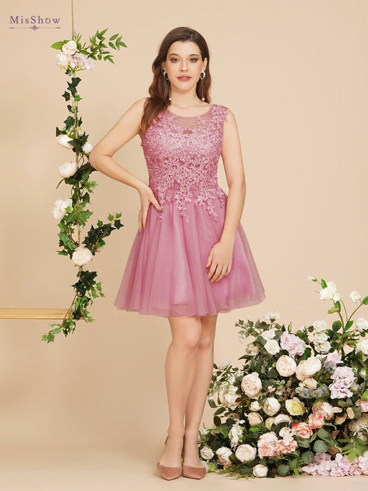 Dusty Pink A Line Short Cocktail Dreses Tulle Appliques Scoop Neck Graduation Homecoming Evening Formal Prom Party Gown Vestido
