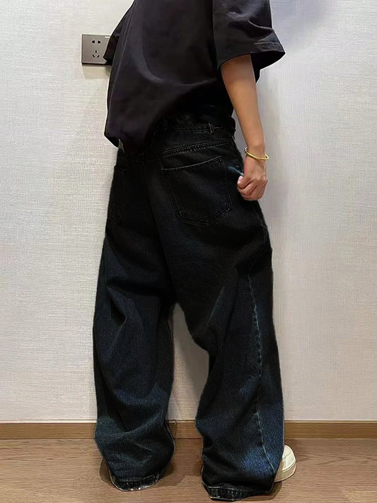 1Pc Men's Wide Pants Brushed Jeans Wide Jeans Y2K New Rocks Jeans Buggy Black Hip-Hop Pants
