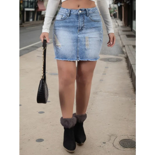 Women's American Style Light Stretchy Denim Mini Skirt with Pockets Slim Fit Spring Summer Autumn Appropriate Ladies Jeans Skirt