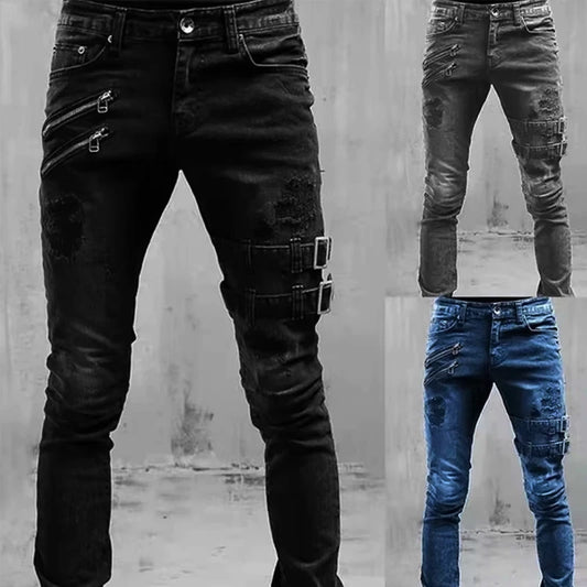 Men's Retro Moto Biker Straight Elastic Jeans Zipper Distress Hole Punk Skinny Denim Cargo Pants Streetwear Y2K Hombre Trousers