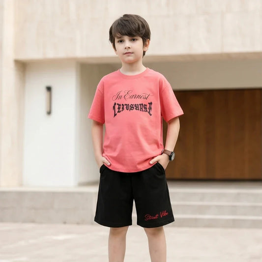 2Pcs Boys Cotton Summer Outfit Gothic Street Style Print T-shirt and Shorts Casual Sportswear for Kids 3-14Y RZ29