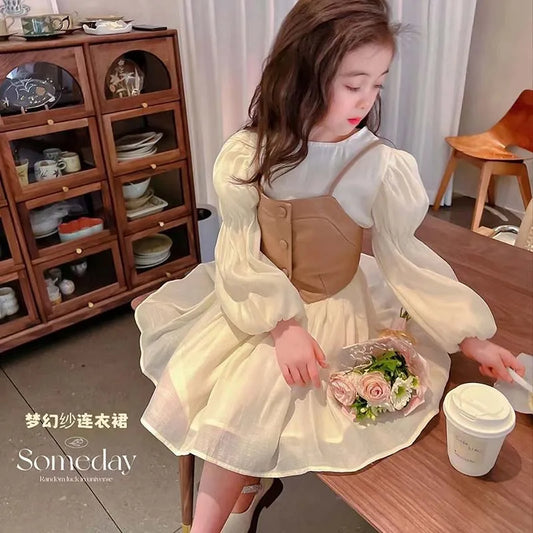 Spring Autumn Girls Dress Set Long Sleeve Children's Retro PU Leather Vest Dress Set Teenage Girls Clothing Suit 4 6 8 12Y