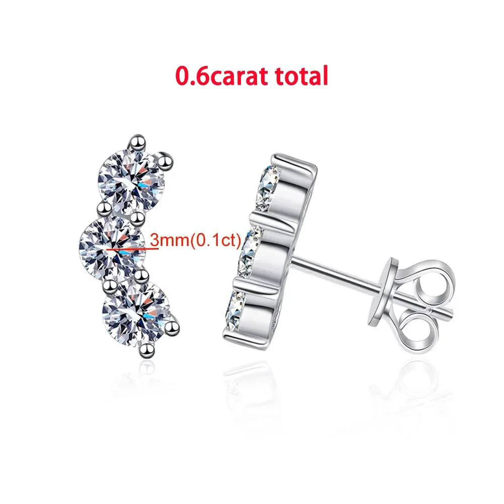 3/5-stone Smile Full Moissanite Diamond Stud Earring with Certificates 925 Sterling Silver Sparkling Diamond Earrings for Women