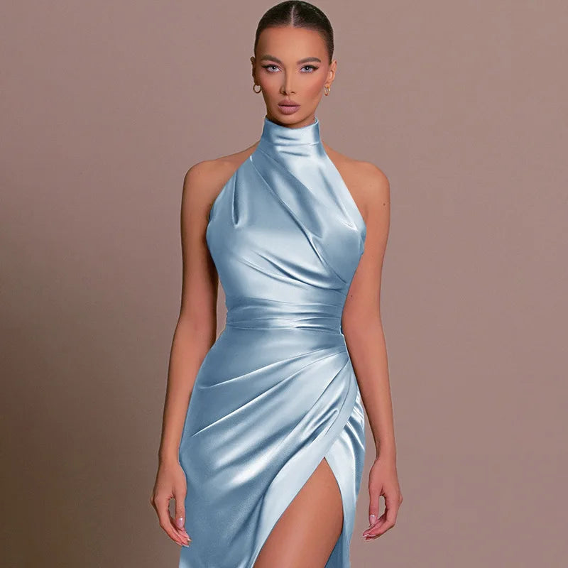 Womens Elegant Long Formal Evening Cocktail Party Dress Sexy High Split Ruched Bodycon Wedding Guest Bridemaid Maxi Dress