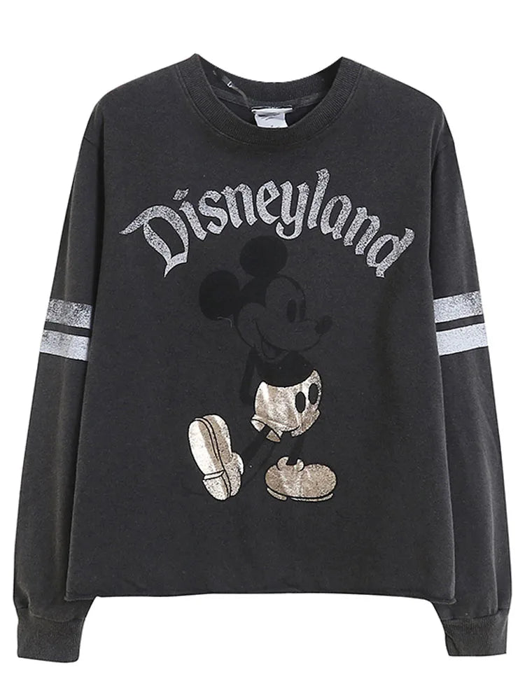 Retro Distressed Sweatshirt Women Mickey Mouse Casual Pullover Tops O Neck Long Sleeve Jumper Streetwear